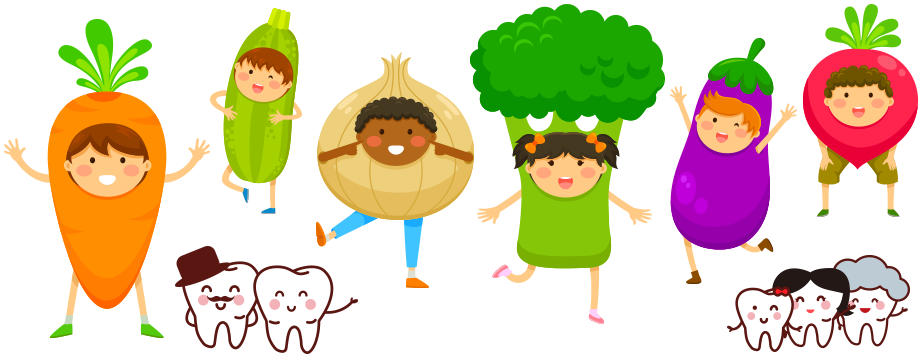 kids in vegetable costumes and teeth